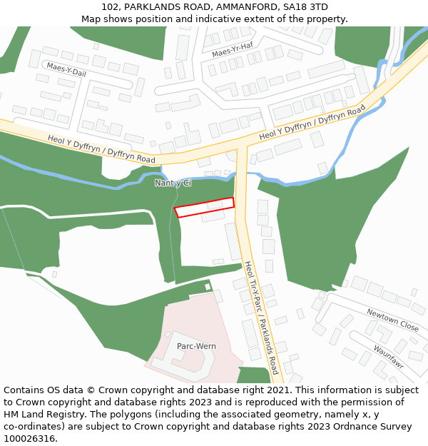 102, PARKLANDS ROAD, AMMANFORD, SA18 3TD: Location map and indicative extent of plot