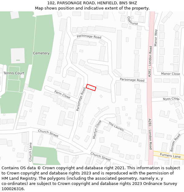 102, PARSONAGE ROAD, HENFIELD, BN5 9HZ: Location map and indicative extent of plot