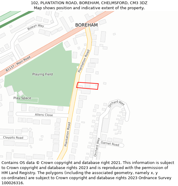 102, PLANTATION ROAD, BOREHAM, CHELMSFORD, CM3 3DZ: Location map and indicative extent of plot