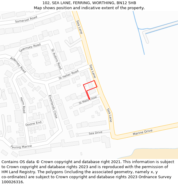 102, SEA LANE, FERRING, WORTHING, BN12 5HB: Location map and indicative extent of plot