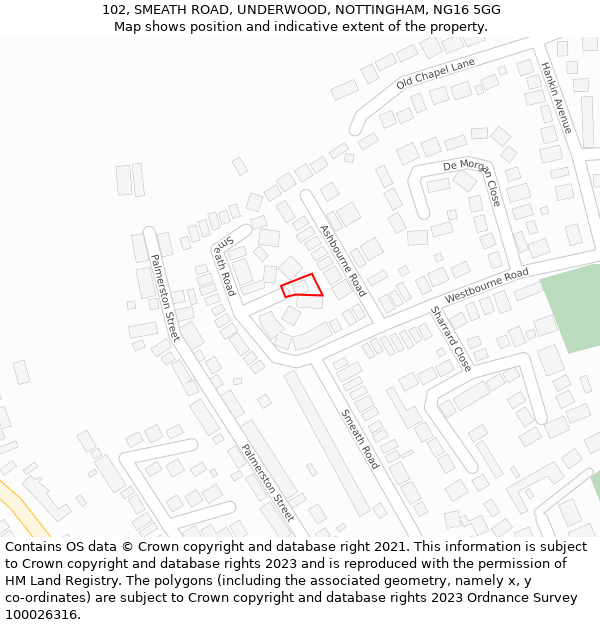 102, SMEATH ROAD, UNDERWOOD, NOTTINGHAM, NG16 5GG: Location map and indicative extent of plot