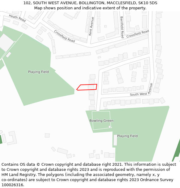 102, SOUTH WEST AVENUE, BOLLINGTON, MACCLESFIELD, SK10 5DS: Location map and indicative extent of plot