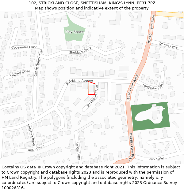 102, STRICKLAND CLOSE, SNETTISHAM, KING'S LYNN, PE31 7PZ: Location map and indicative extent of plot