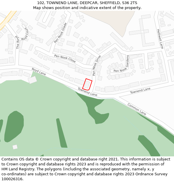 102, TOWNEND LANE, DEEPCAR, SHEFFIELD, S36 2TS: Location map and indicative extent of plot