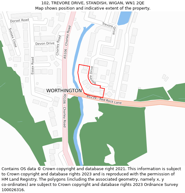 102, TREVORE DRIVE, STANDISH, WIGAN, WN1 2QE: Location map and indicative extent of plot