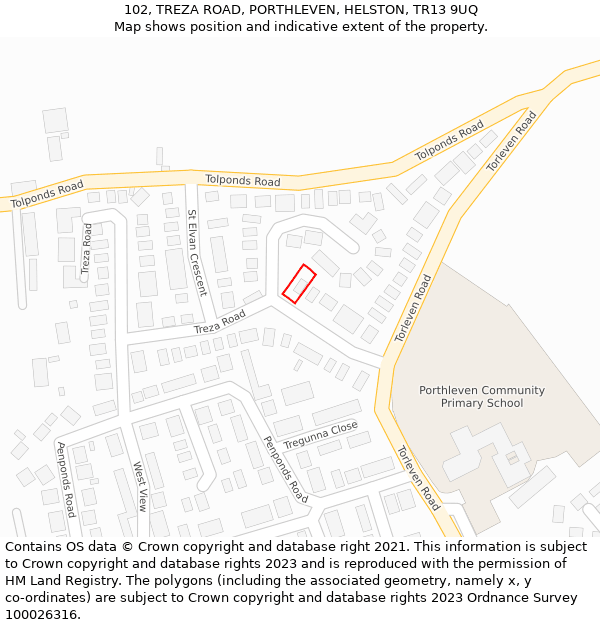 102, TREZA ROAD, PORTHLEVEN, HELSTON, TR13 9UQ: Location map and indicative extent of plot