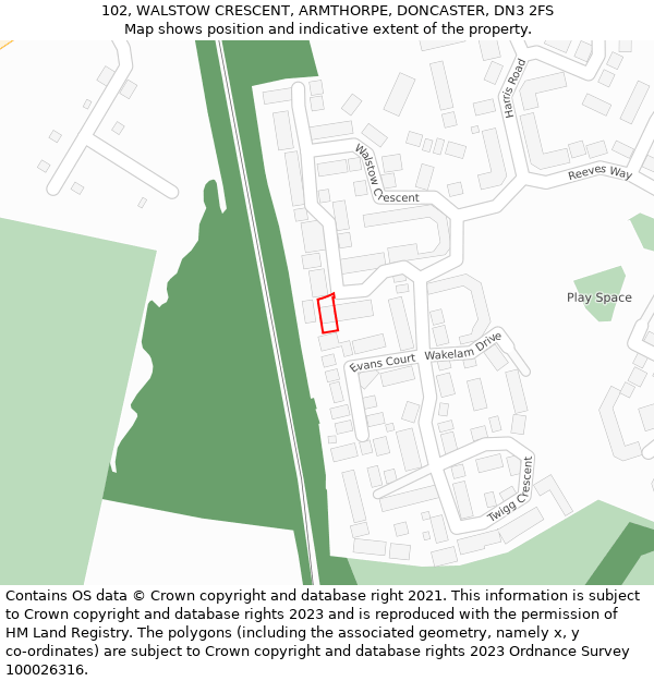 102, WALSTOW CRESCENT, ARMTHORPE, DONCASTER, DN3 2FS: Location map and indicative extent of plot