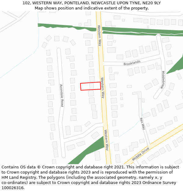 102, WESTERN WAY, PONTELAND, NEWCASTLE UPON TYNE, NE20 9LY: Location map and indicative extent of plot