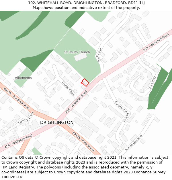 102, WHITEHALL ROAD, DRIGHLINGTON, BRADFORD, BD11 1LJ: Location map and indicative extent of plot