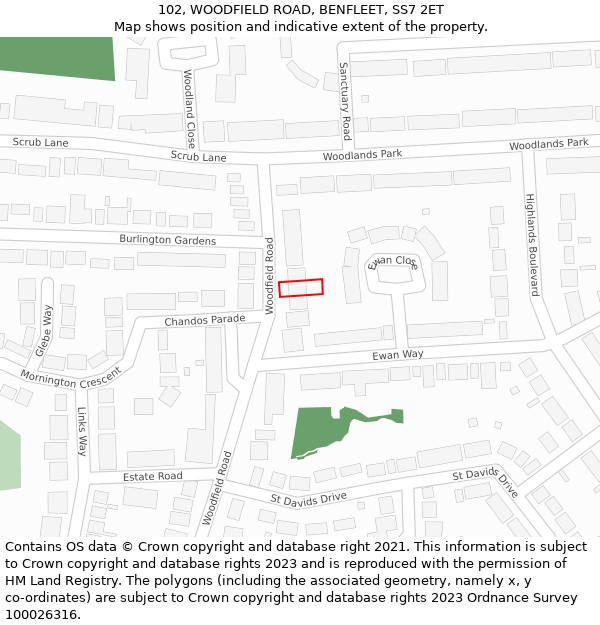 102, WOODFIELD ROAD, BENFLEET, SS7 2ET: Location map and indicative extent of plot