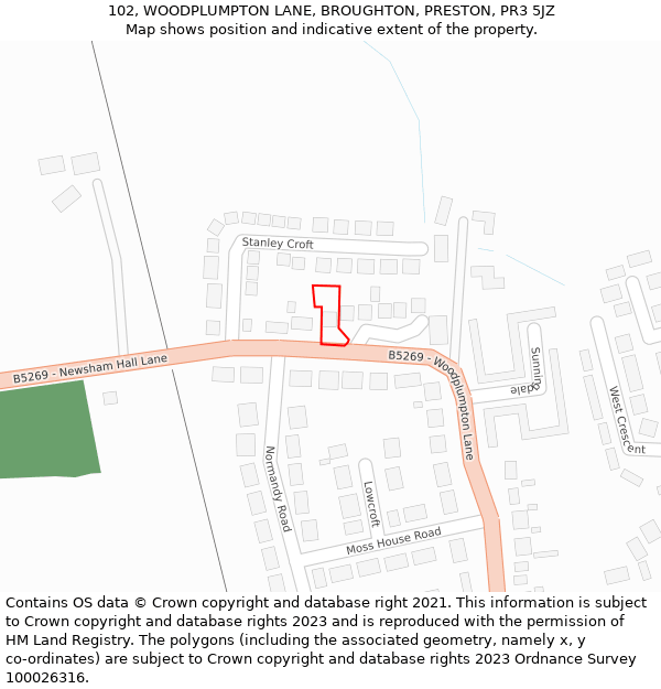 102, WOODPLUMPTON LANE, BROUGHTON, PRESTON, PR3 5JZ: Location map and indicative extent of plot