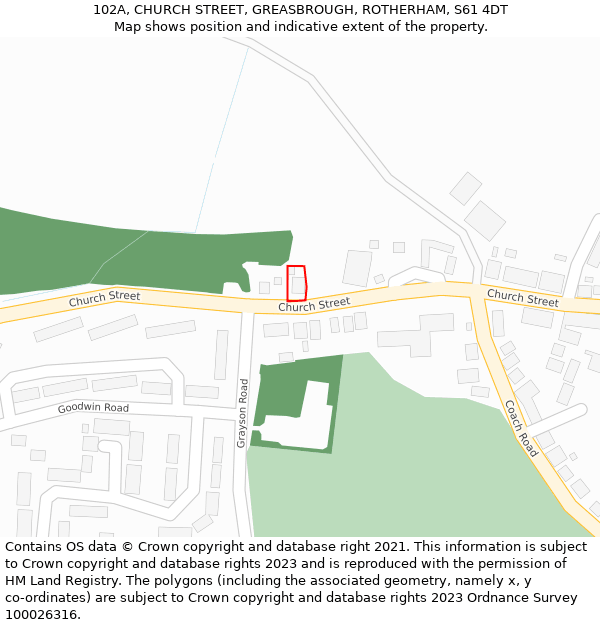 102A, CHURCH STREET, GREASBROUGH, ROTHERHAM, S61 4DT: Location map and indicative extent of plot
