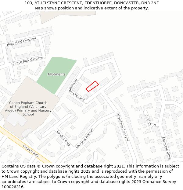 103, ATHELSTANE CRESCENT, EDENTHORPE, DONCASTER, DN3 2NF: Location map and indicative extent of plot