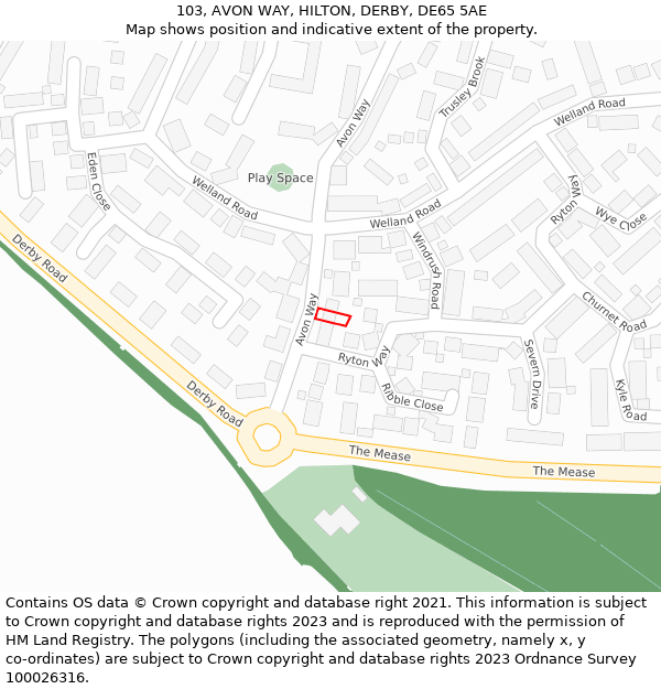 103, AVON WAY, HILTON, DERBY, DE65 5AE: Location map and indicative extent of plot