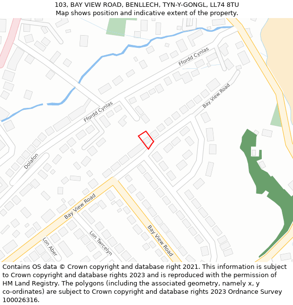 103, BAY VIEW ROAD, BENLLECH, TYN-Y-GONGL, LL74 8TU: Location map and indicative extent of plot