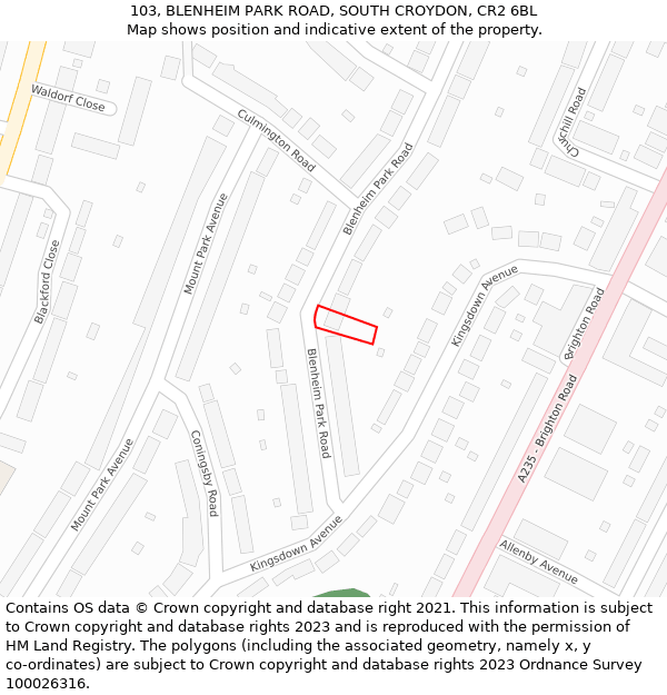 103, BLENHEIM PARK ROAD, SOUTH CROYDON, CR2 6BL: Location map and indicative extent of plot