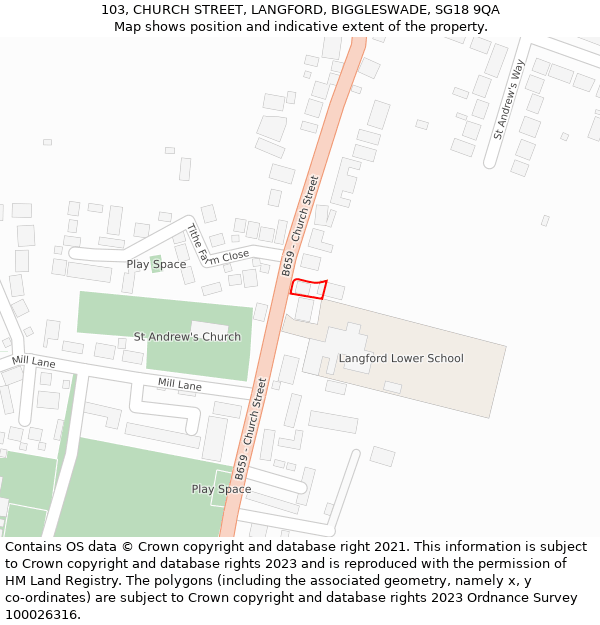 103, CHURCH STREET, LANGFORD, BIGGLESWADE, SG18 9QA: Location map and indicative extent of plot