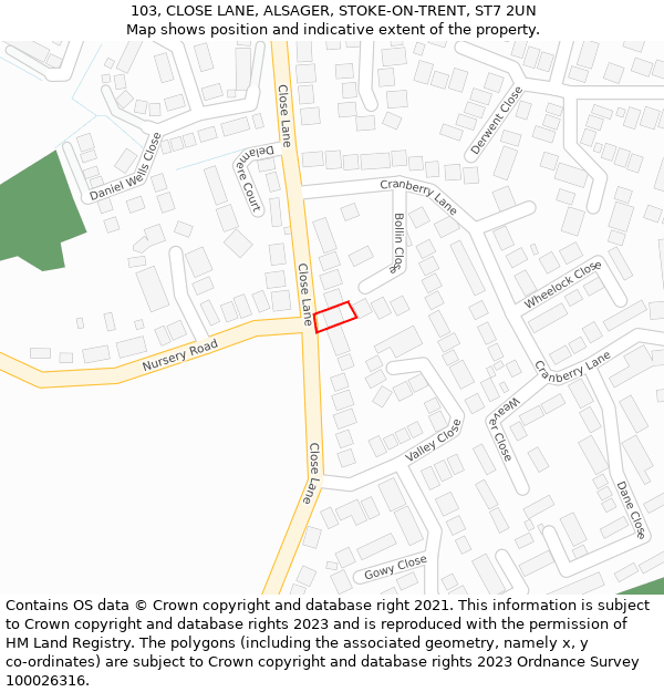 103, CLOSE LANE, ALSAGER, STOKE-ON-TRENT, ST7 2UN: Location map and indicative extent of plot