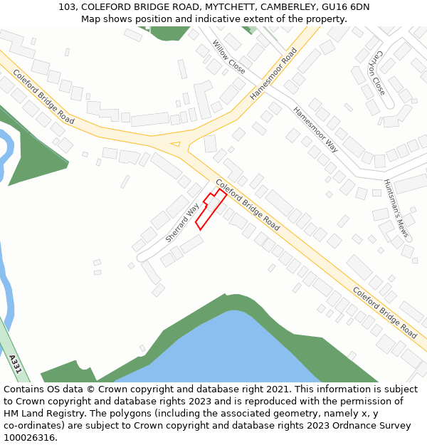 103, COLEFORD BRIDGE ROAD, MYTCHETT, CAMBERLEY, GU16 6DN: Location map and indicative extent of plot