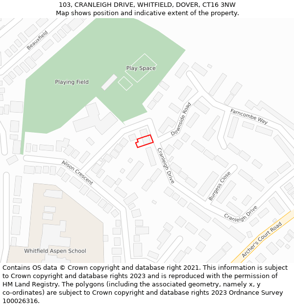 103, CRANLEIGH DRIVE, WHITFIELD, DOVER, CT16 3NW: Location map and indicative extent of plot