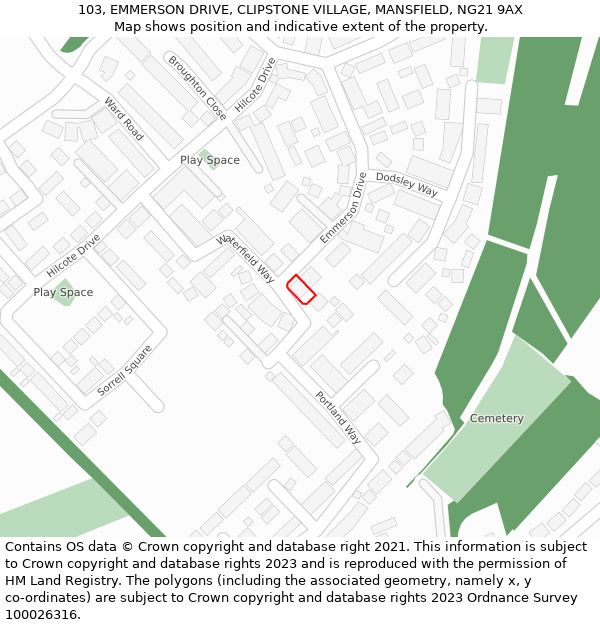 103, EMMERSON DRIVE, CLIPSTONE VILLAGE, MANSFIELD, NG21 9AX: Location map and indicative extent of plot