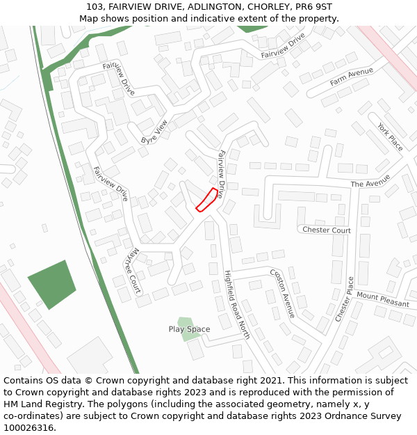 103, FAIRVIEW DRIVE, ADLINGTON, CHORLEY, PR6 9ST: Location map and indicative extent of plot