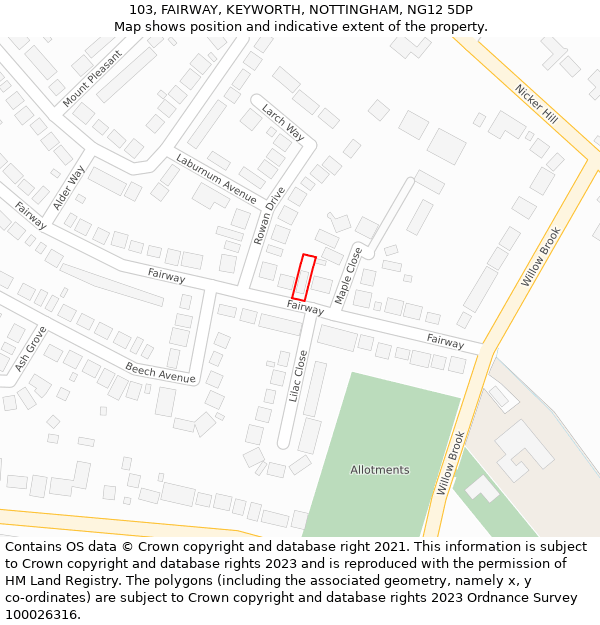 103, FAIRWAY, KEYWORTH, NOTTINGHAM, NG12 5DP: Location map and indicative extent of plot