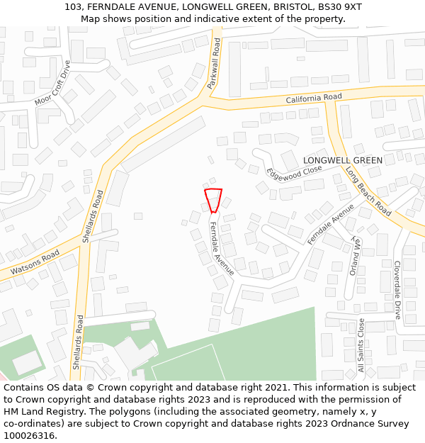 103, FERNDALE AVENUE, LONGWELL GREEN, BRISTOL, BS30 9XT: Location map and indicative extent of plot