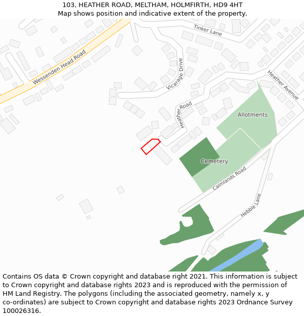 103, HEATHER ROAD, MELTHAM, HOLMFIRTH, HD9 4HT: Location map and indicative extent of plot