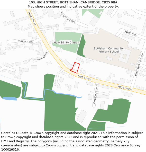103, HIGH STREET, BOTTISHAM, CAMBRIDGE, CB25 9BA: Location map and indicative extent of plot