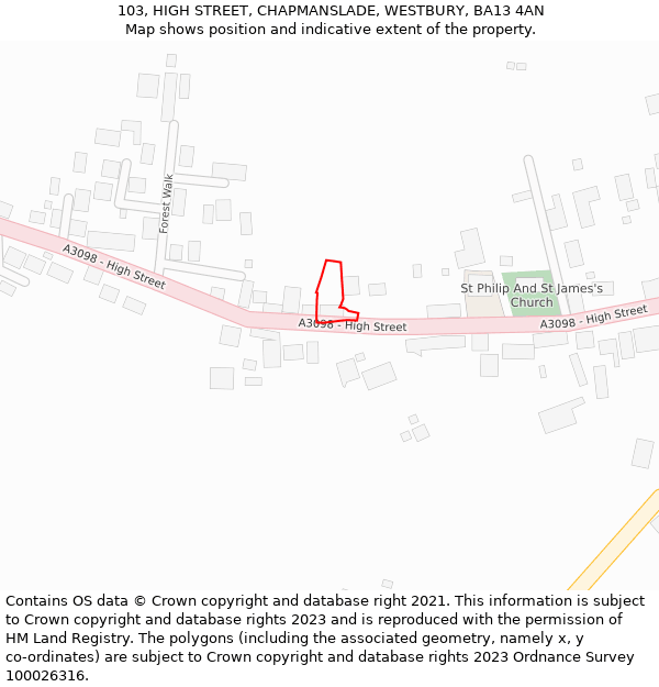 103, HIGH STREET, CHAPMANSLADE, WESTBURY, BA13 4AN: Location map and indicative extent of plot