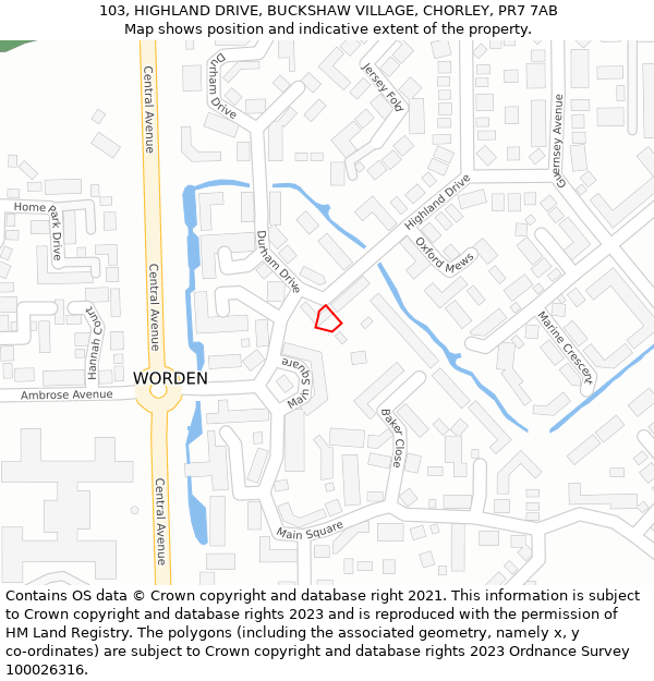 103, HIGHLAND DRIVE, BUCKSHAW VILLAGE, CHORLEY, PR7 7AB: Location map and indicative extent of plot