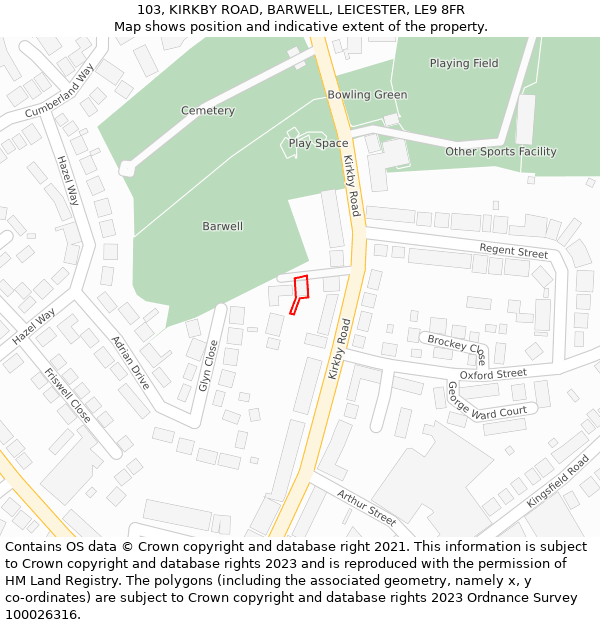 103, KIRKBY ROAD, BARWELL, LEICESTER, LE9 8FR: Location map and indicative extent of plot