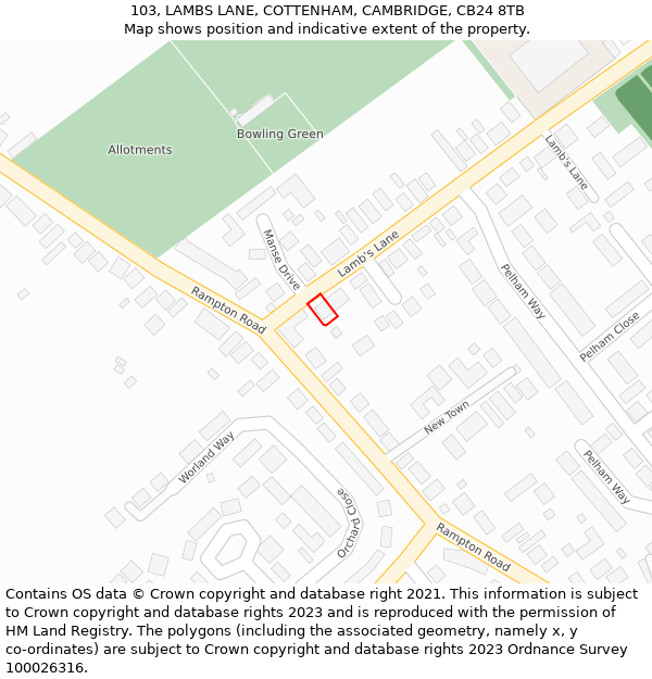 103, LAMBS LANE, COTTENHAM, CAMBRIDGE, CB24 8TB: Location map and indicative extent of plot