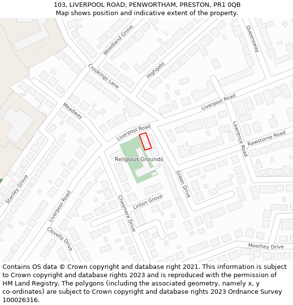 103, LIVERPOOL ROAD, PENWORTHAM, PRESTON, PR1 0QB: Location map and indicative extent of plot