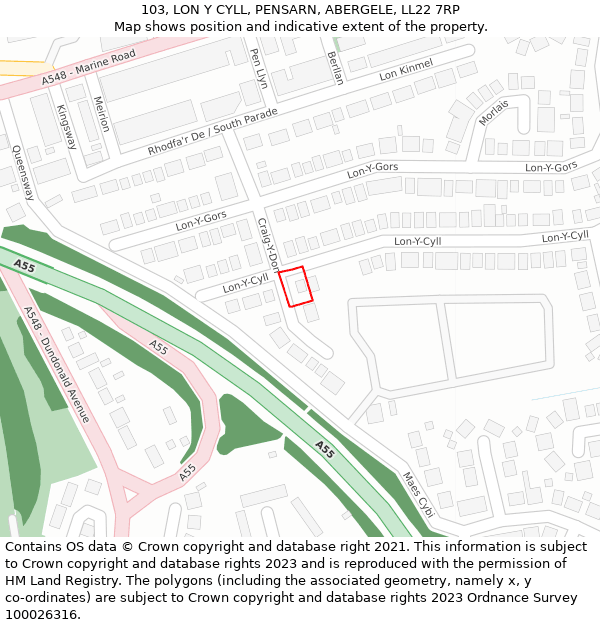 103, LON Y CYLL, PENSARN, ABERGELE, LL22 7RP: Location map and indicative extent of plot