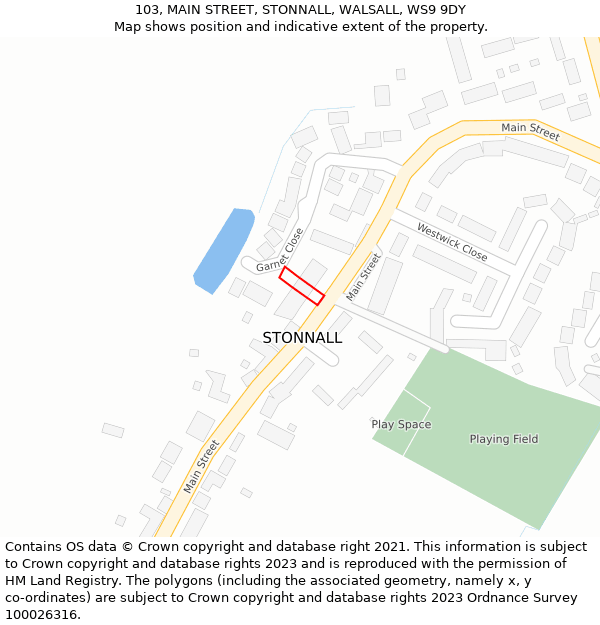 103, MAIN STREET, STONNALL, WALSALL, WS9 9DY: Location map and indicative extent of plot