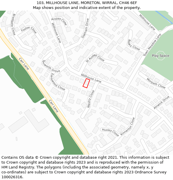 103, MILLHOUSE LANE, MORETON, WIRRAL, CH46 6EF: Location map and indicative extent of plot