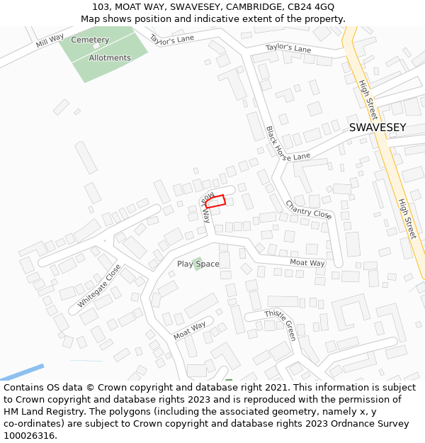 103, MOAT WAY, SWAVESEY, CAMBRIDGE, CB24 4GQ: Location map and indicative extent of plot