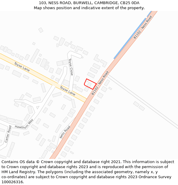 103, NESS ROAD, BURWELL, CAMBRIDGE, CB25 0DA: Location map and indicative extent of plot