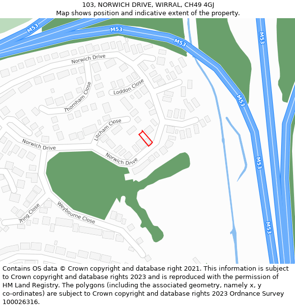 103, NORWICH DRIVE, WIRRAL, CH49 4GJ: Location map and indicative extent of plot