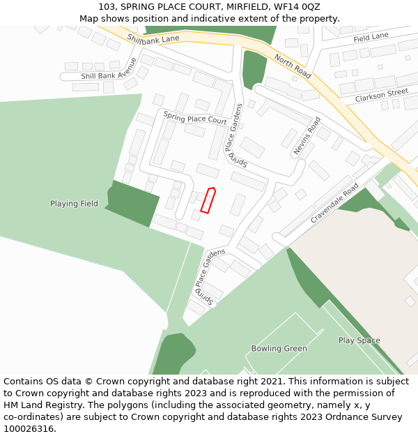 103, SPRING PLACE COURT, MIRFIELD, WF14 0QZ: Location map and indicative extent of plot
