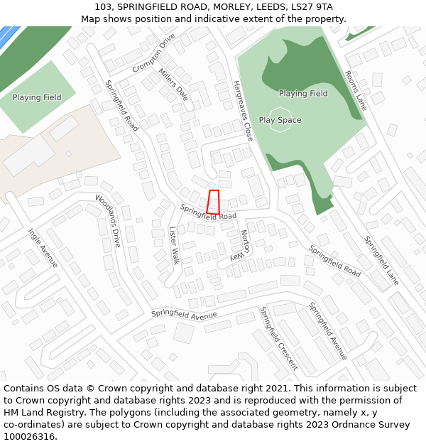 103, SPRINGFIELD ROAD, MORLEY, LEEDS, LS27 9TA: Location map and indicative extent of plot