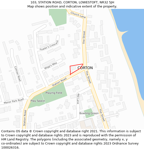 103, STATION ROAD, CORTON, LOWESTOFT, NR32 5JH: Location map and indicative extent of plot