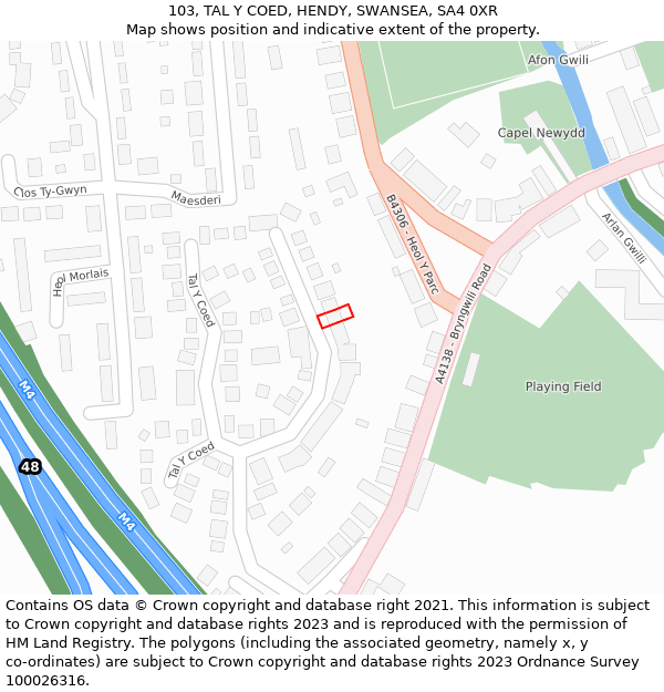 103, TAL Y COED, HENDY, SWANSEA, SA4 0XR: Location map and indicative extent of plot