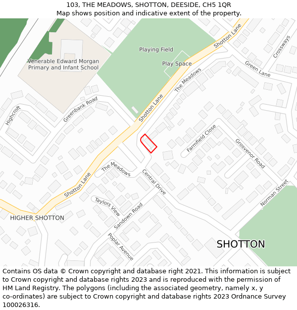 103, THE MEADOWS, SHOTTON, DEESIDE, CH5 1QR: Location map and indicative extent of plot