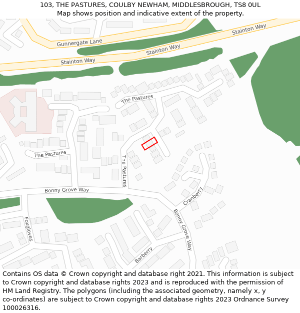 103, THE PASTURES, COULBY NEWHAM, MIDDLESBROUGH, TS8 0UL: Location map and indicative extent of plot