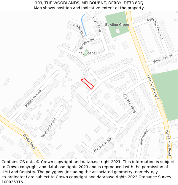 103, THE WOODLANDS, MELBOURNE, DERBY, DE73 8DQ: Location map and indicative extent of plot