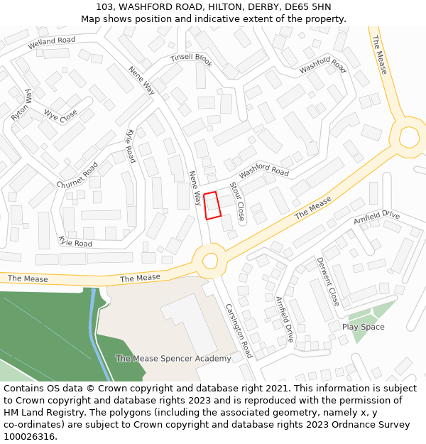 103, WASHFORD ROAD, HILTON, DERBY, DE65 5HN: Location map and indicative extent of plot
