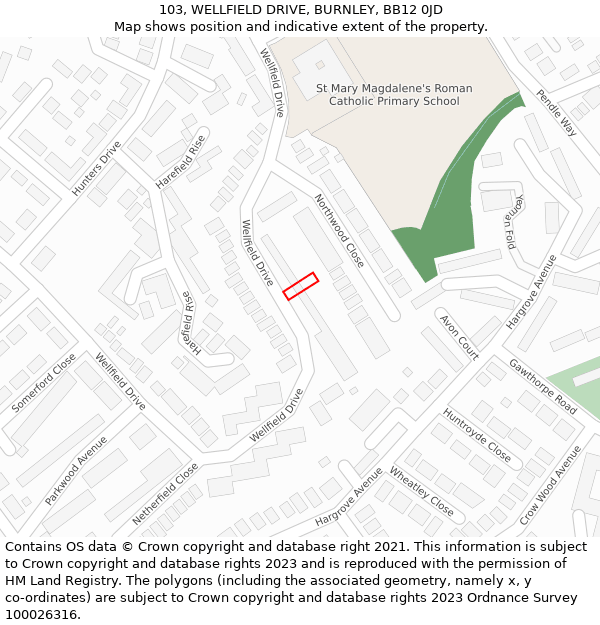 103, WELLFIELD DRIVE, BURNLEY, BB12 0JD: Location map and indicative extent of plot